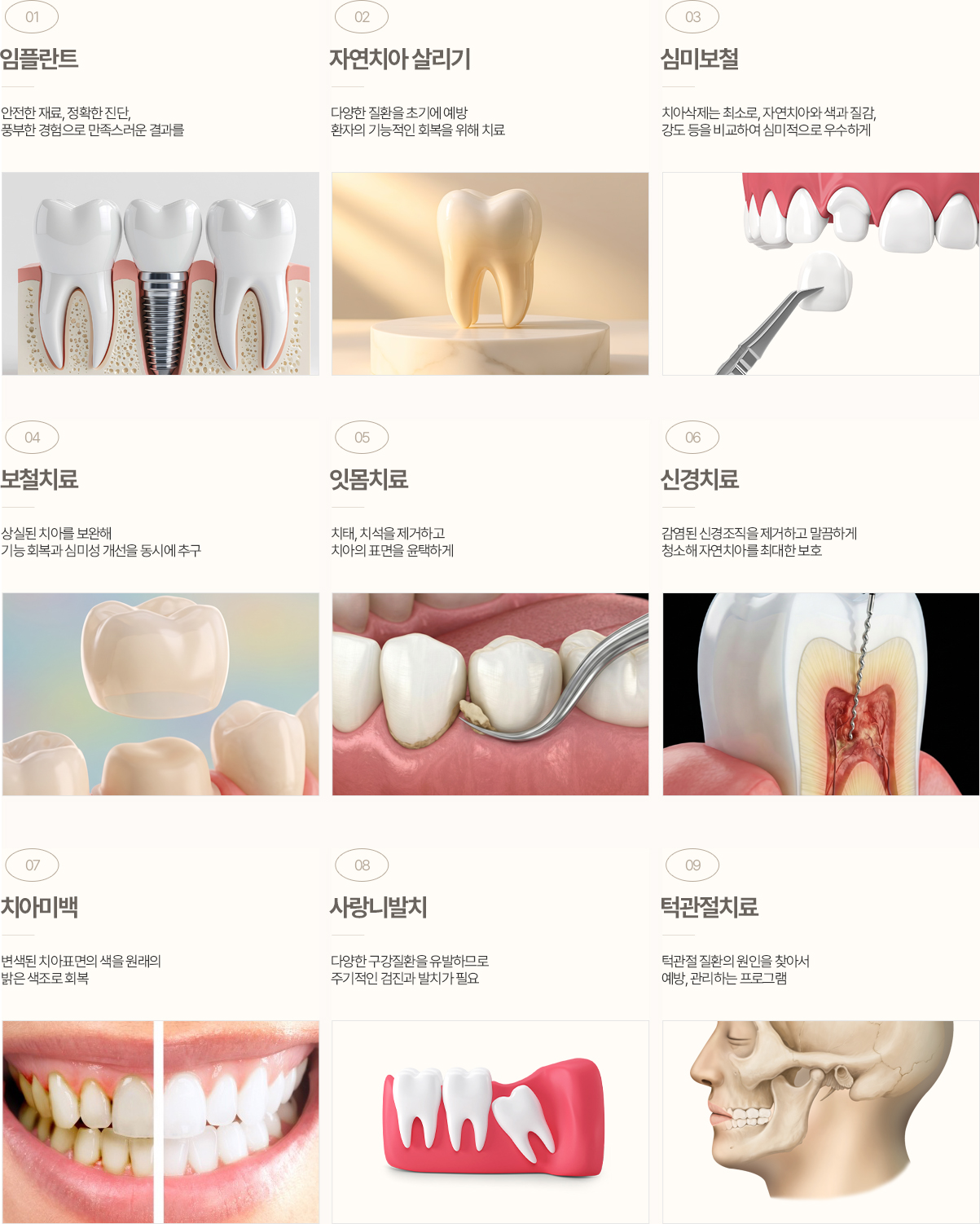 오늘편한치과 진료과목 오늘편한치과 진료과목 임플란트 자연치아살리기 심미보철 보철치료 잇몸치료 신경치료 치아미백 사랑니발치 턱관절치료